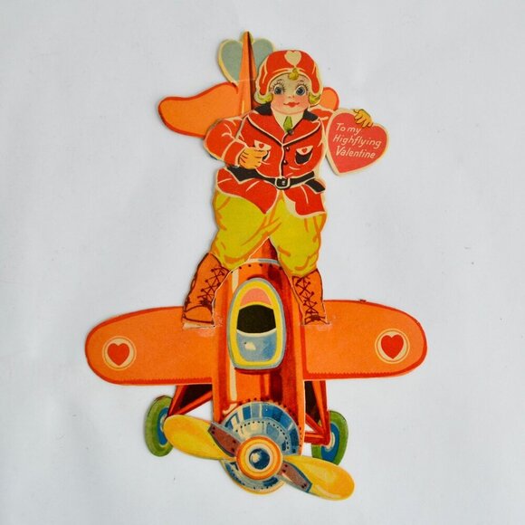 Vintage 1920s 1930s Mechanical Articulating Valentine Card Airplane Pilot - Picture 2 of 10
